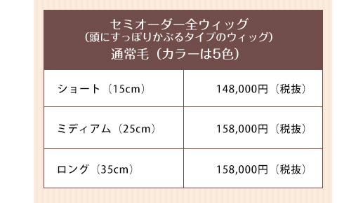 セミオーダー全ウィッグ（頭にすっぽりかぶるタイプのウィッグ）通常毛（カラーは5色）